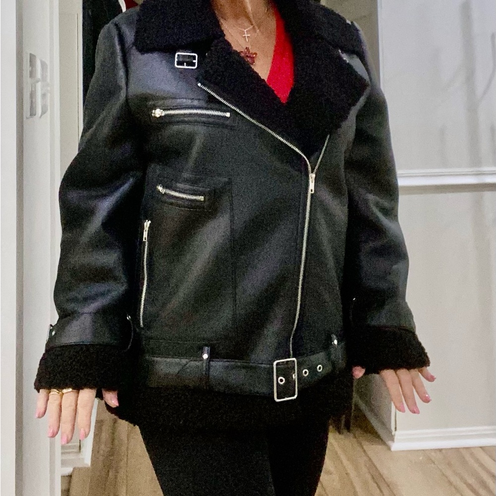 Steve Madden Black Leather Jacket with Shearling Trim